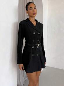 SHEIN Glamour Chaqueta elegante de mujer de doble botonadura en color negro, adecuada para ir al trabajo, atuendos de otoño/invierno, uso al aire libre, casual de negocios, abrigo de invierno - Negro - Ver 7