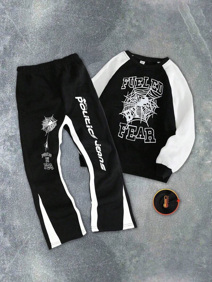 SHEIN 青少年男孩高街字母蜘蛛圖案圓領黑白抓絨衛衣 寬鬆街頭風 萬聖節 校園假期 秋冬款 - 黑色 - 查看 1
