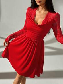 SHEIN Unity Women's Lace Trim Draped Neck Long Sleeve Dress, Suitable For Christmas, Valentine's Day, Party And Holiday Occasions, Spring/Autumn/Winter - Red - View 3