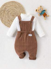 SHEIN 2pcs Baby Boy Textured Fleece Stand Collar Long Sleeve Top And Bib Overalls Set New Born Fall Baby Outfit Newborn Baby Boy Brown Baby Boy Outfit Mocha Baby Clothes Baby Knit Jumpsuit Brown Baby Boy Jumpsuit