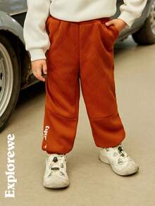 SHEIN 2pcs/Set Young Boy Elasticized Waist Cartoon Decor Casual Fleece Pants - Coffee Brown - View 3