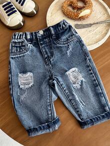 SHEIN Pantalones pitillo de mezclilla azul para niños pequeños - Azul lavado oscuro - Ver 8