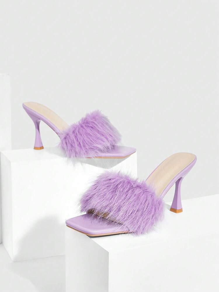 CUCCOO SZL Women's Purple Fluffy Square Toe Stiletto Heel Slides, Fashionable Sexy Elegant Goddess Party Dress High Heel Sandals, Spring/Summer For Christmas