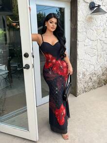 SHEIN SXY 性感印花露背无袖夏季吊带连衣裙 - 彩色 - 查看 5