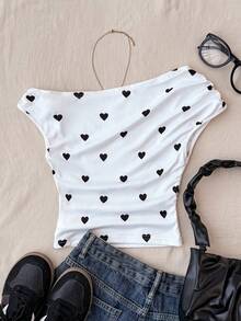 SHEIN 少女白色针织休闲简约爱心印花不对称褶皱短款上衣，适合春夏穿着，休闲百搭，个性风格，日常穿着 - 彩色 - 查看 2