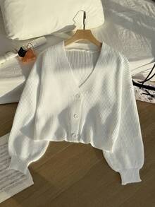 Comfortcana Cardigan Rajut Bergaris Polos Kasual Ukuran Besar dengan Bahu Jatuh, Sweater Cardigan Putih, Pakaian Musim Gugur untuk Wanita - Putih - View 5