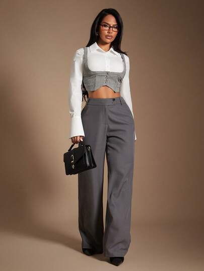 Radiana Women's Fashion Retro Gray Houndstooth Contrast Color Block 2 In 1 Shirt, Plaid Shirt, Casual Long Sleeve Shirt, Slim Fit Shirt, Cropped Shirt, Vintage Style Shirt, Casual Business Women's Wear, Fashionable Office Attire, Professional Outfit, Suitable For Casual Outings, Commuting, Office, Business, Gatherings