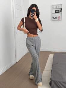 SHEIN EZwear 女士灰色条纹针织阔腿长裤 - 灰色 - 查看 2