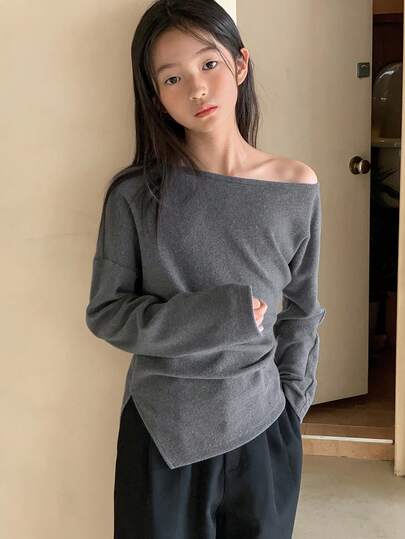 DAZY 少女纯色不对称下摆褶皱肩部长袖休闲T恤