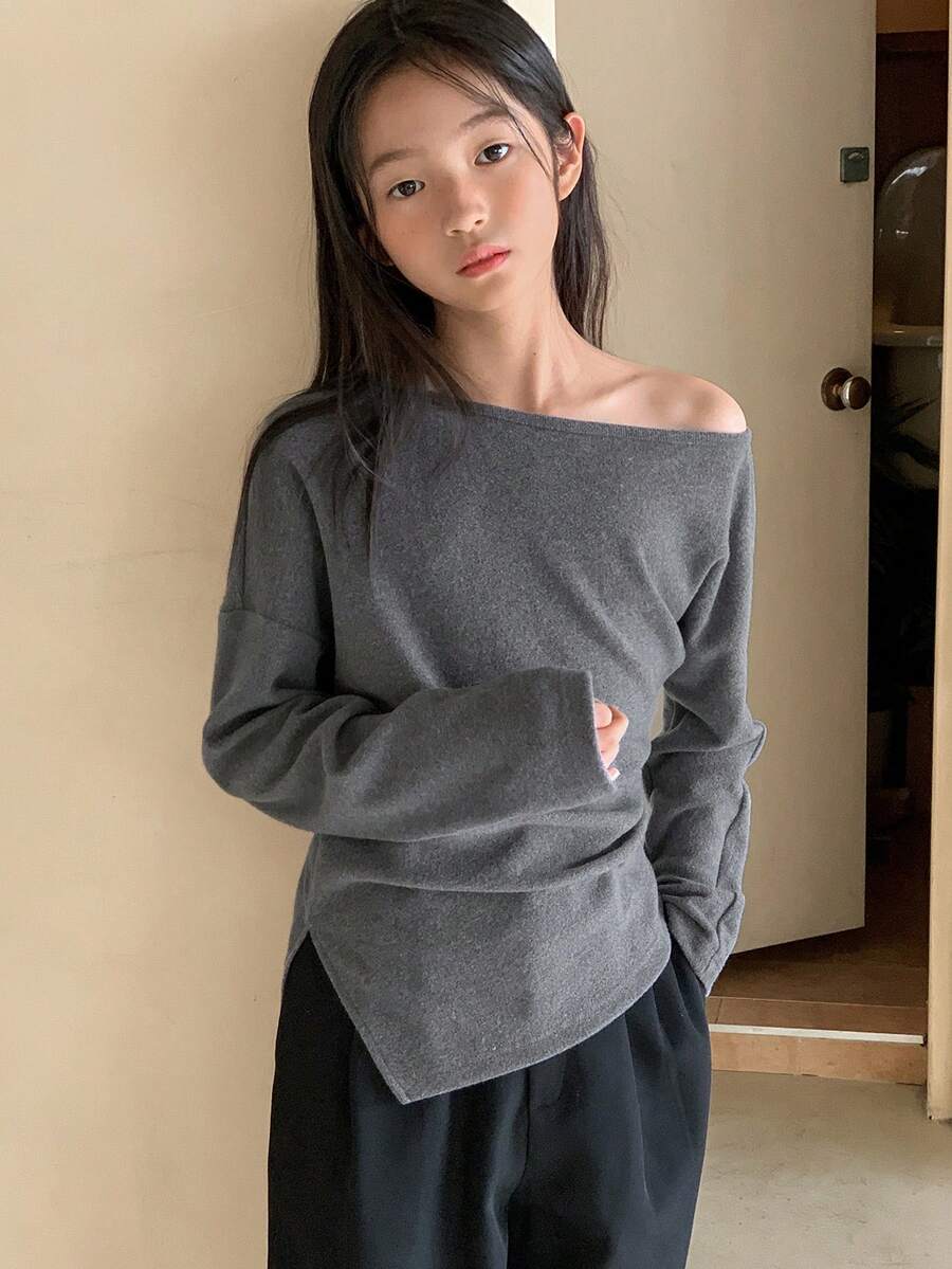 DAZY 少女纯色不对称下摆褶皱肩部长袖休闲T恤 - 灰色 - 查看 1