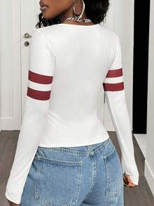 BamGleam Trendig randig t-shirt med numeriskt tryck för kvinnor, höst - Aprikos - Visa 2