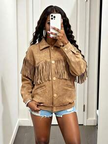 SHEIN BamGlam Áo khoác nữ kiểu vintage da lộn tua rua, áo khoác tua rua mùa thu/đông, áo khoác phong cách miền Tây thường ngày cho nữ. - Màu Khaki - Xem 1