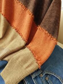 CosyJoli Suéter de cuello redondo informal con bloque de color, bigote de gato y flecos, talla grande, ropa de otoño e invierno para mujeres - Café integral - Ver 4