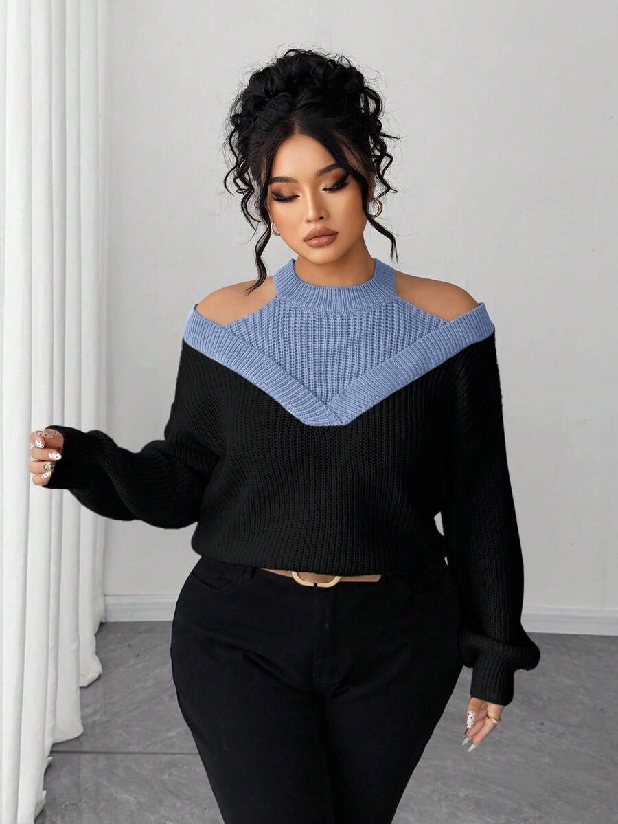 SHEIN Elenzya Women's 2 In 1 Off-Shoulder Contrast Color Sweater - Blue - View 1