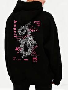 INAWLY 加大码中国龙印花连帽衫，适合冬季 - 黑色 - 查看 4