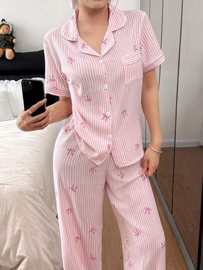 Dream Adore Pink Striped Bow Print Lapel Short Sleeve Women Pajama Set