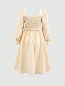 Leap Crew Nova Glow撞色拼接腰部褶皱胸部可调节肩带前褶皱长袖方领中长连衣裙，适合居家和户外活动，秋冬季节，波西米亚风格 - 杏色 - 查看 7