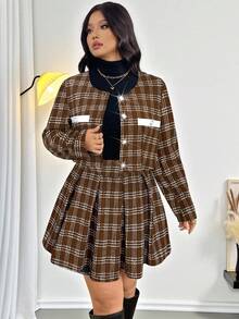 Firerie 大码女式优雅通勤工作服，精致高端下午茶，略带性感约会音乐会学院风黑白格纹印花长袖外套和百褶迷你裙，返校季法兰绒秋冬棕色两件套格纹连衣裙，格纹两件套棕色套装，女士格纹连衣裙格纹半身裙套装，女士格纹两件套棕色格纹套装 - 咖啡棕 - 查看 6