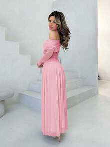 Jemour 新款一字肩长袖撞色网纱刺绣不对称下摆拼接超长高弹修身连衣裙优雅浪漫 - 粉色 - 查看 6