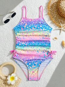 SHEIN 少女风吊带背心式泳衣，花卉印花，可调节肩带，蝴蝶结设计，甜美优雅，适合度假、海滩、泳池、冲浪等场合。 - 彩色 - 查看 4