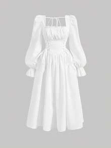SHEIN MOD 方领喇叭袖系带腰部褶皱胸部复古连衣裙 - 白色 - 查看 1