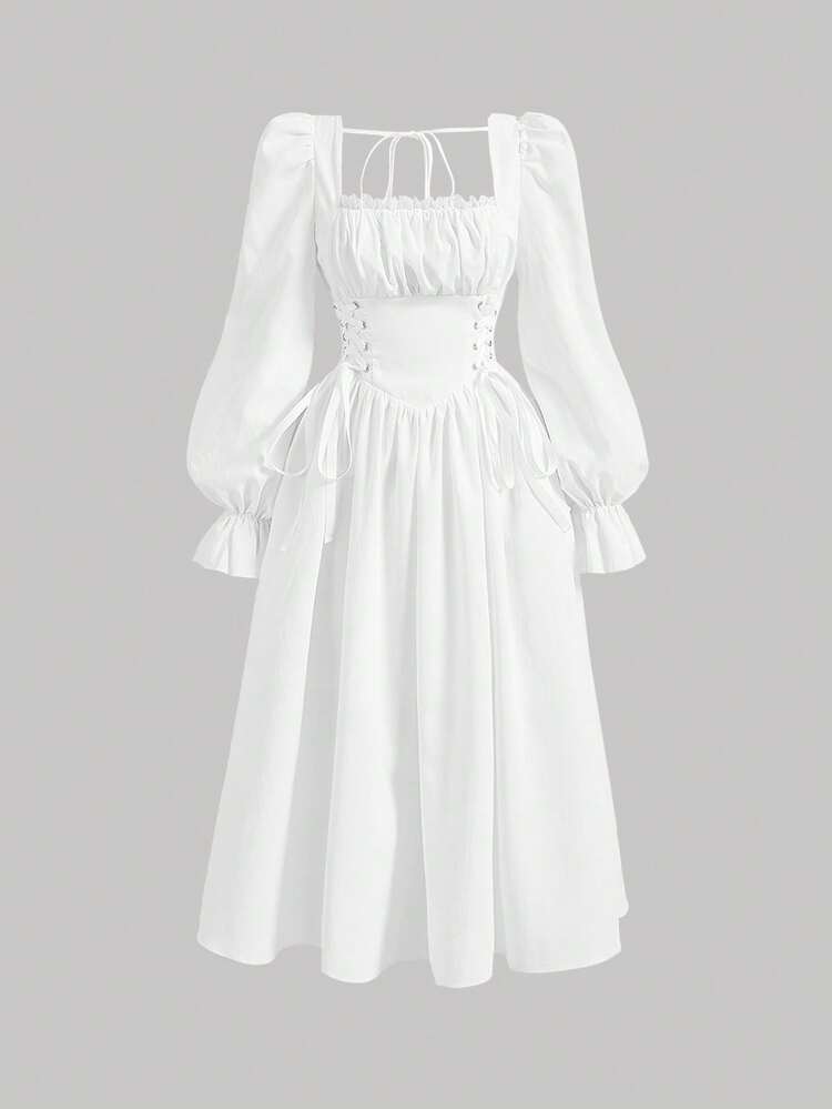 SHEIN MOD Square Neck Flare Sleeve Lace Up Waist Ruched Bust Vintage Dress - White - View 1