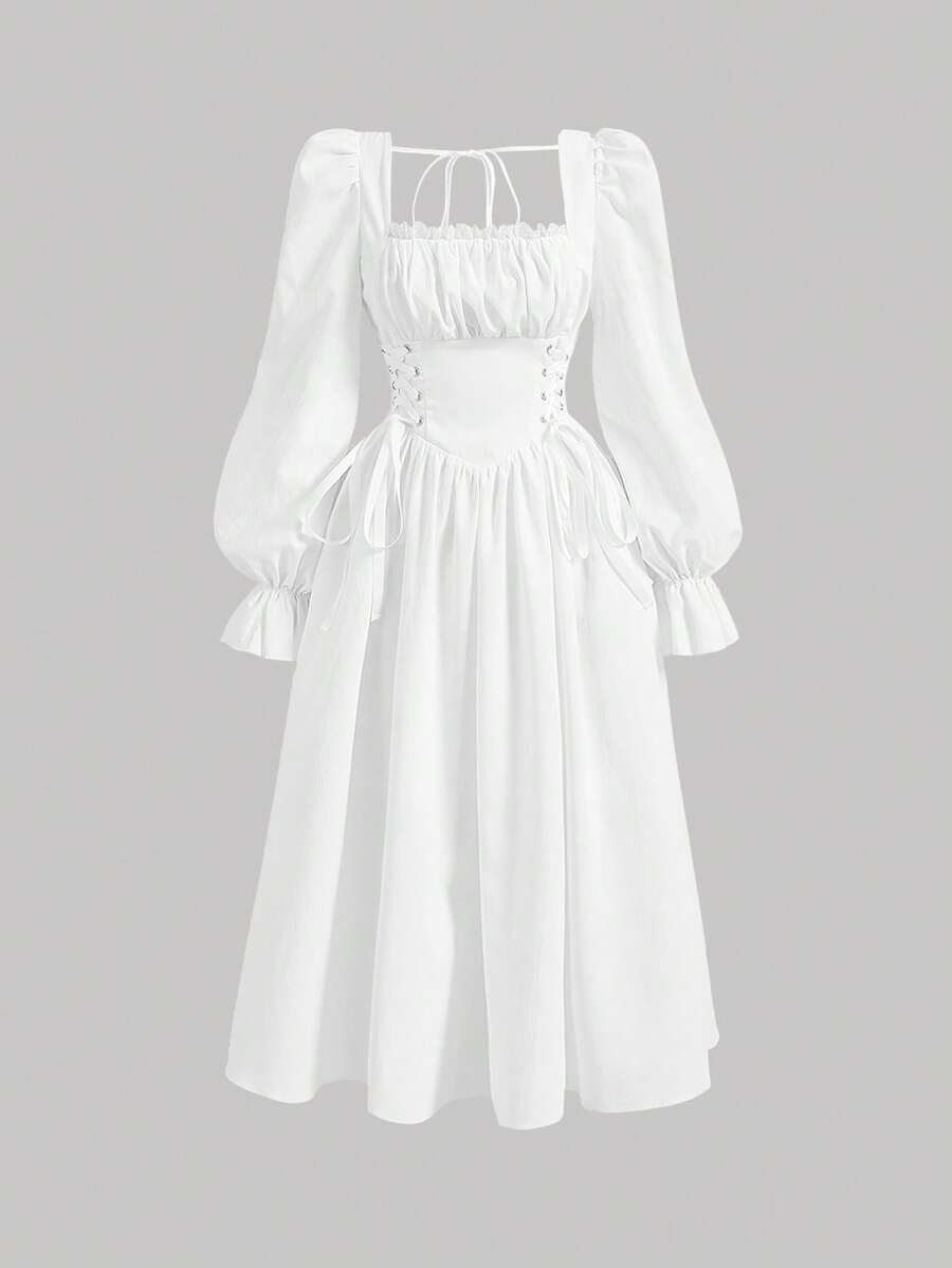 SHEIN MOD 方领喇叭袖系带腰部褶皱胸部复古连衣裙 - 白色 - 查看 1