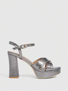 CUCCOO SZL 女士时尚优雅通勤银色防水厚底高跟凉鞋 - 淺灰色 - 查看 5