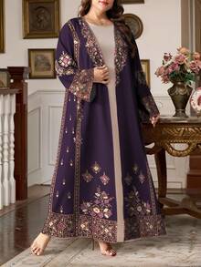 SHEIN Najma 大码女式几何图案数码印花休闲长袖开衫，适合春秋季穿着 - 彩色 - 查看 3