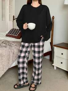 Bộ đồ mặc nhà màu đen 2 món cho bé gái tuổi teen, áo phông kẻ caro trơn và quần dài đến mắt cá chân kẻ caro, đồ ngủ mặc nhà thoải mái, cổ tròn, thoải mái và thời trang, phù hợp cho mùa xuân và mùa thu, đồ mặc nhà thoải mái - Hồng - Xem 4