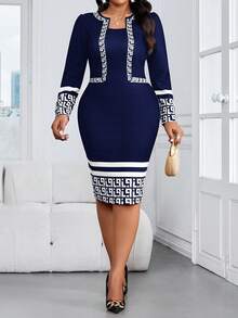 SHEIN Lady 大码女式几何印花二合一长袖修身办公/通勤连衣裙 - 藏蓝色 - 查看 1