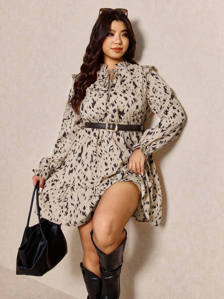 Elaquor Modisches Langarm-Kleid mit Allover-Muster in Große Größen, Herbst - Verschiedenfarbig - Übersicht 1