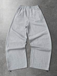 ROMWE MEN Prep Men's Casual Daily Letter Pattern Drawstring Waist Curved Hem Sweatpants, Suitable For Everyday Wear - Grey - View 2