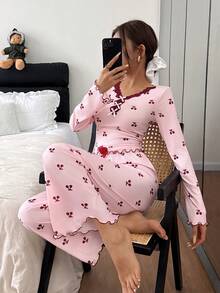 SHEIN Cherry Blossom Print Lace Trim Long Sleeve Pajama Set - Pink - View 5