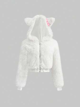 Kawaii Veste courte en fausse fourrure blanche avec design de nœud papillon et rivets en forme d'oreilles de chat mignon
