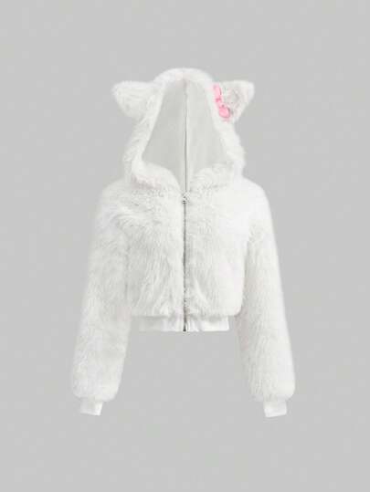 Kawaii Cute Cat Ear Bow Rivet Design Short White Faux Fur Jacket