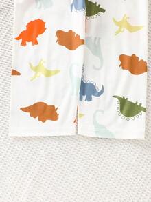 男童睡衣套装 - 两件套睡衣，短袖纽扣领上衣，长裤，恐龙印花，白色底，橙色、蓝色、绿色，可爱俏皮的夏季睡衣，弹性腰带，方便穿脱，2026年假日必备 - 白色 - 查看 8