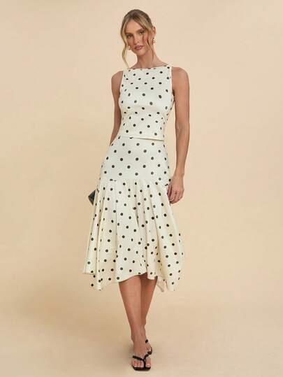 COSMINA 2pcs Women's Elegant Polka Dot Asymmetric Hem Outfit, Versatile Layering For Dates And Everyday Wear, All Season, Polka Dot Dress Women, Polkadot Dress, Pokadot Dress, Dress Midi, Midi Wedding Guest Dress