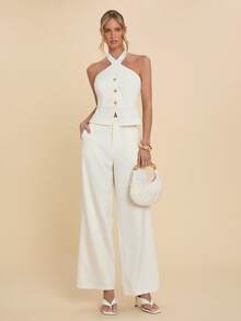 COSMINA Bộ đồ nữ thanh lịch 2 mảnh, áo trễ vai và quần, trang phục sang trọng cho công sở, tiệc tùng, cocktail, kinh doanh, màu mơ, bộ vest duyên dáng. - Màu be - Xem 3