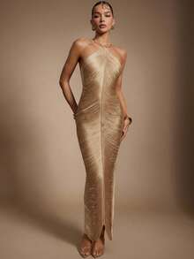 Hauture Women's Hanging Tassels Fringe Sexy Dress For Party With Gold Metal Decor - Apricot - View 5