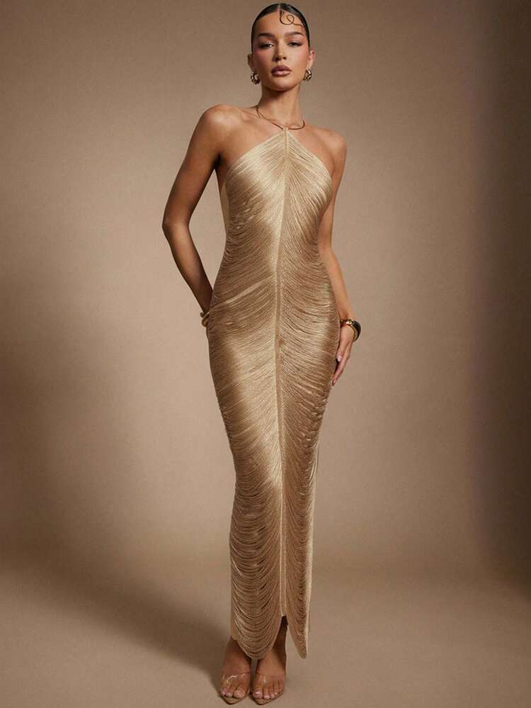 Hauture Vestido Sexy com Franjas Pendentes e Decoração de Metal Dourado para Festa - Damasco - Visão 5