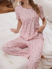 CottageSlumber Women's Pink Floral Print Short Sleeve Pajama Set,Elegant Summer Waffle Texture Round Neck Sleep Wear Set For Women - Baby Pink - View 4