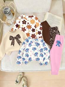 6 piezas Estilos acogedores de otoño e invierno Conjuntos de ropa de niñas bebé con sudadera y leggings con estampados florales, de leopardo, lazos, conejos y gráficos minimalistas lindos y personalizados, para uso diario cómodo - Multicolor - Ver 1