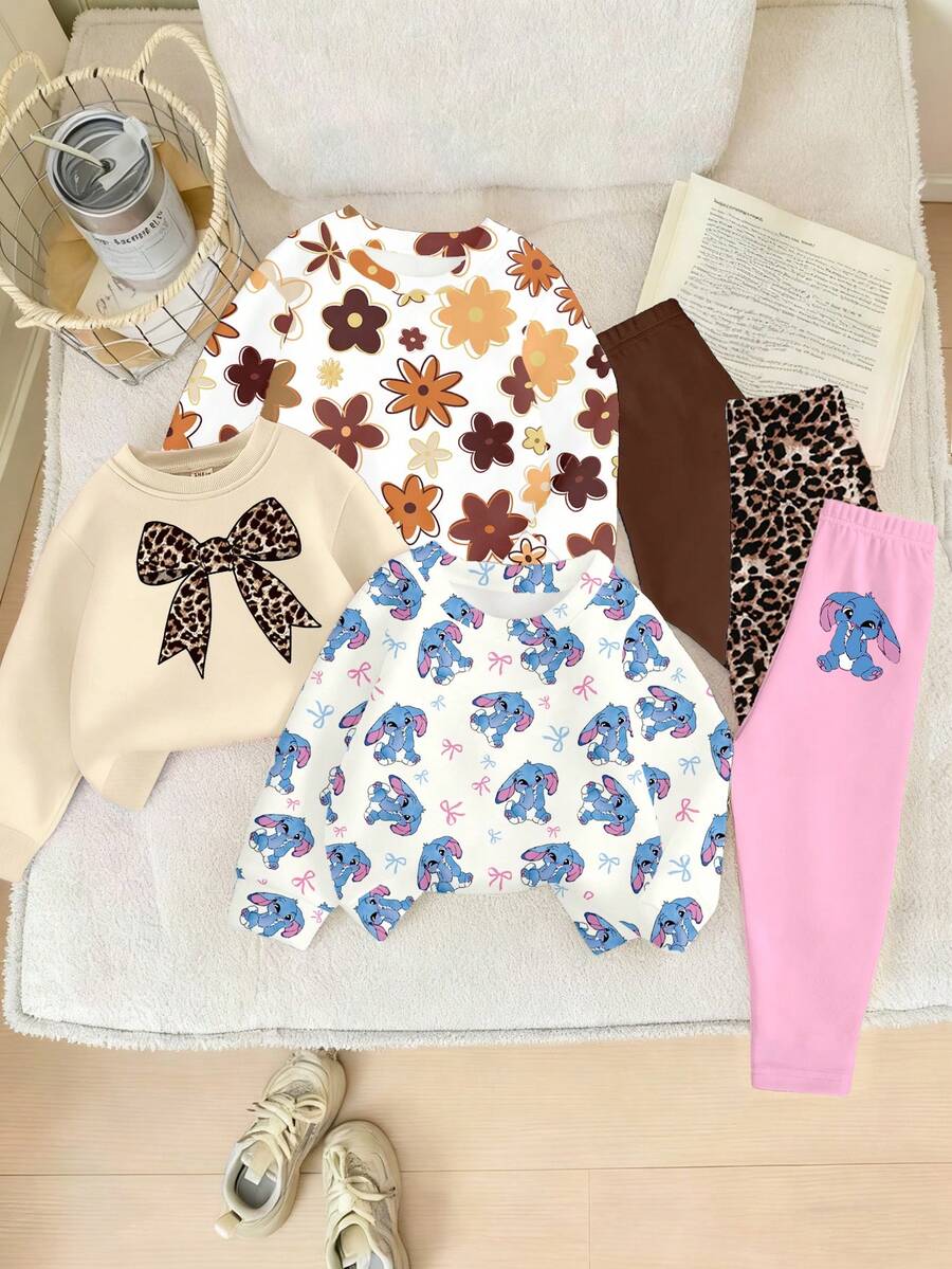 6 piezas Estilos acogedores de otoño e invierno Conjuntos de ropa de niñas bebé con sudadera y leggings con estampados florales, de leopardo, lazos, conejos y gráficos minimalistas lindos y personalizados, para uso diario cómodo - Multicolor - Ver 1