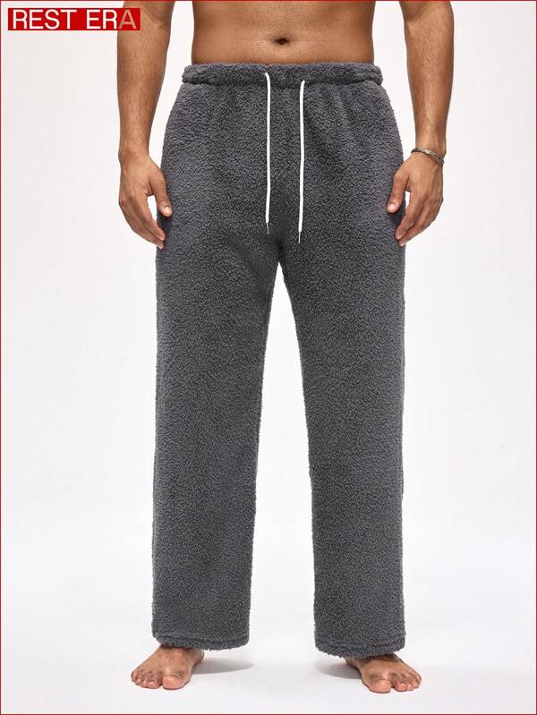 Rest Era Men's Solid Color Drawstring Waist Fleece Lounge Pants, Fluffy Winter