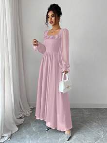 Modelyn French Style Waist Cinching Square Neck Ruffle Hem Dress - Pink - View 5