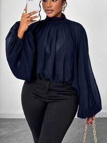 Maweii Áo cánh tay đèn lồng cổ cao màu trơn cỡ lớn thanh lịch cho nữ - Màu xanh hải quân - Xem 7