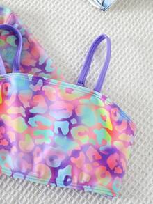 少女三件套泳衣，可爱豹纹印花，时尚休闲优雅泳装，适合游泳、度假、夏季保暖，圣诞节、新年、情人节等节日穿着。女童沙滩套装，三件套泳衣，青少年泳装，三件套女童泳衣套装，女童热带风情泳装套装 - 彩色 - 查看 7