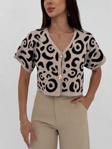 Aloruh 女士单排扣V领豹纹针织背心，秋冬季，无袖针织保暖羊毛上衣，撞色滚边，休闲日常穿着，2024秋冬，通勤，简约，办公室，复古，简约，秋冬季 - 杏色 - 查看 5