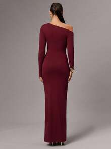 Silquee 女式纯色不对称领口褶饰优雅长袖连衣裙 - 酒紅色 - 查看 2